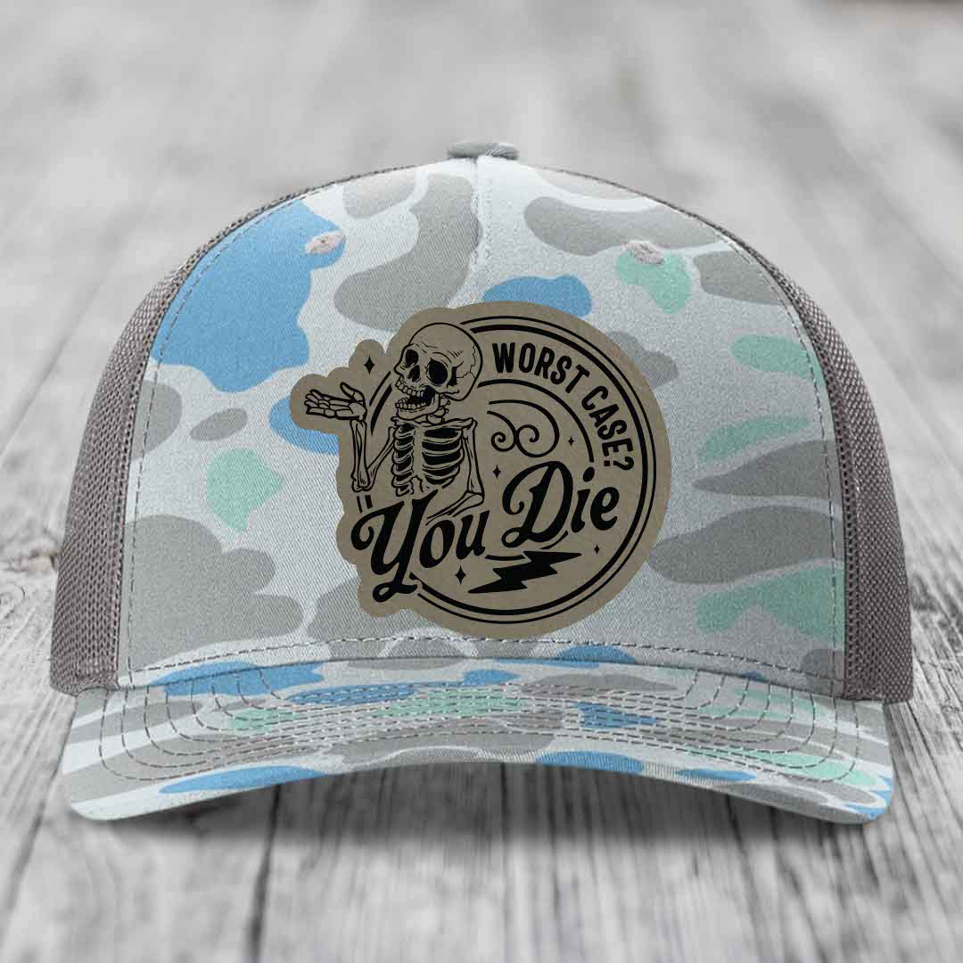 Worst Case, You Die - Leather Patch Hat - Light Brown to Black Patch - Richardson 112PFP Snapback Trucker Hat