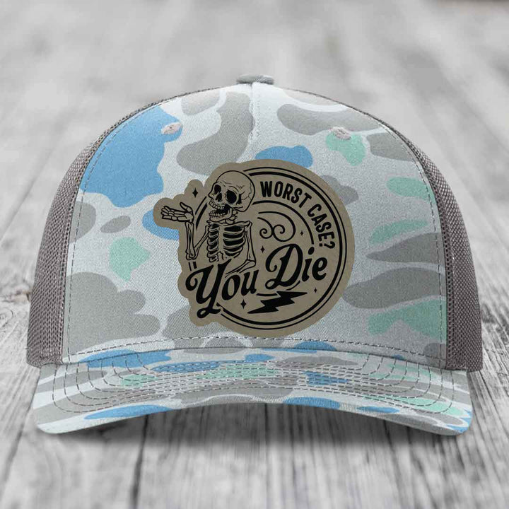 Worst Case, You Die - Leather Patch Hat - Light Brown to Black Patch - Richardson 112PFP Snapback Trucker Hat
