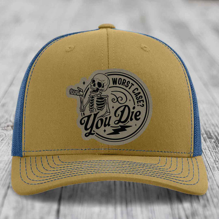 Worst Case, You Die - Leather Patch Hat - Light Brown to Black Patch - Richardson 112 Snapback Trucker Hat