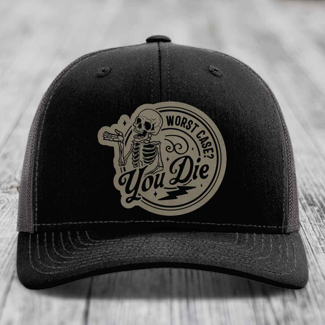 Worst Case, You Die - Leather Patch Hat - Light Brown to Black Patch - Richardson 112 Snapback Trucker Hat