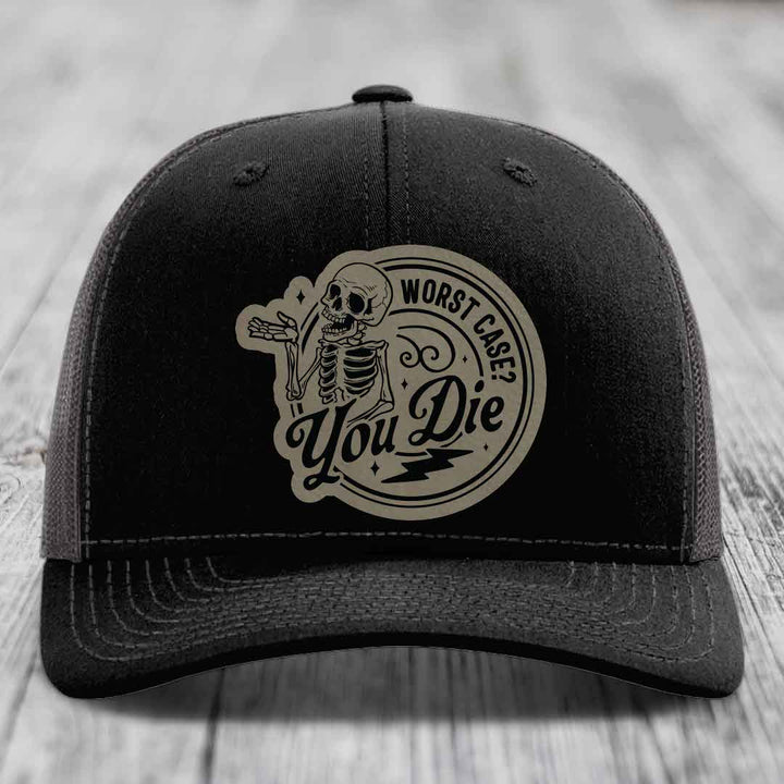 Worst Case, You Die - Leather Patch Hat - Light Brown to Black Patch - Richardson 112 Snapback Trucker Hat