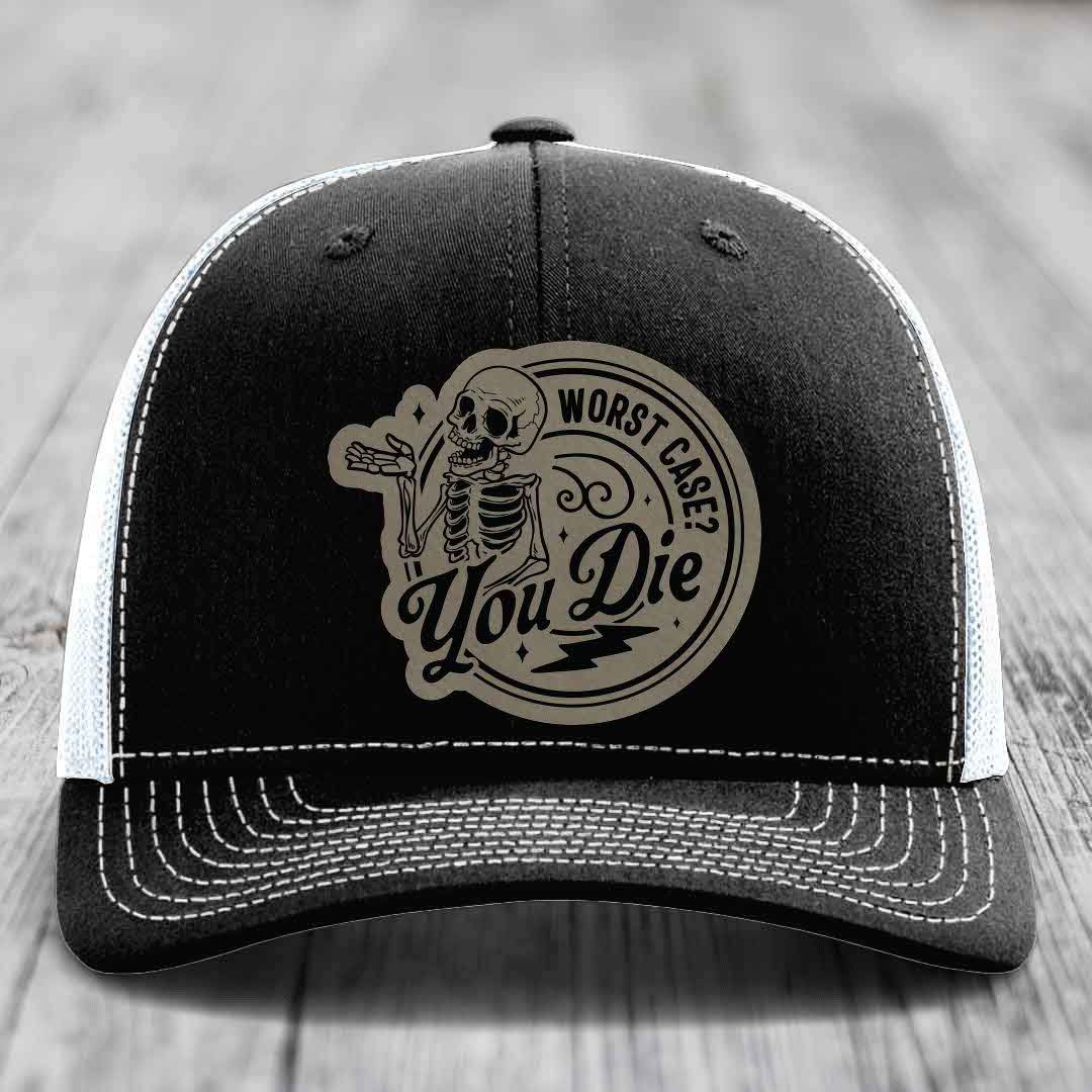Worst Case, You Die - Leather Patch Hat - Light Brown to Black Patch - Richardson 112 Snapback Trucker Hat