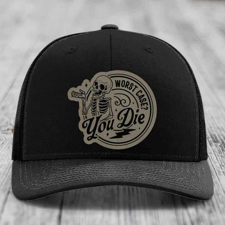 Worst Case, You Die - Leather Patch Hat - Light Brown to Black Patch - Richardson 112 Snapback Trucker Hat