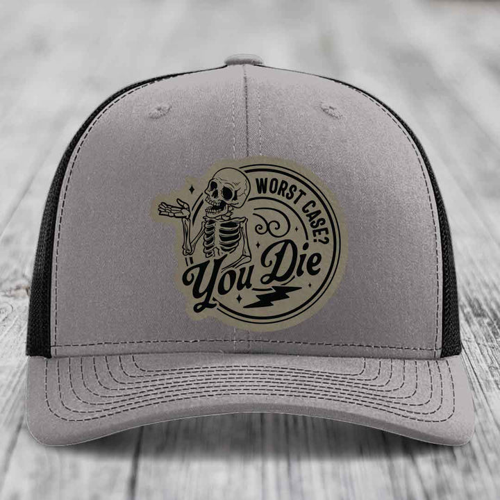 Worst Case, You Die - Leather Patch Hat - Light Brown to Black Patch - Richardson 112 Snapback Trucker Hat