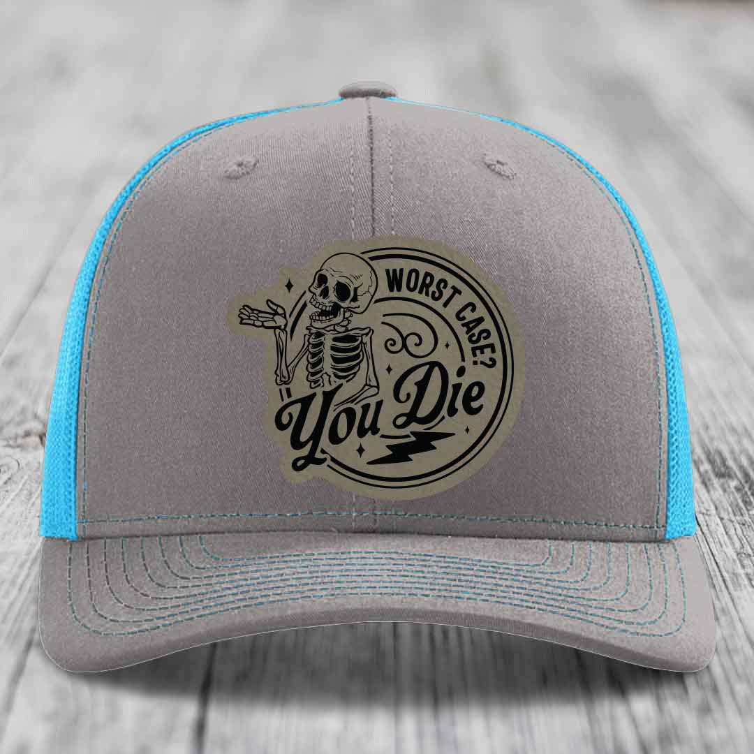 Worst Case, You Die - Leather Patch Hat - Light Brown to Black Patch - Richardson 112 Snapback Trucker Hat