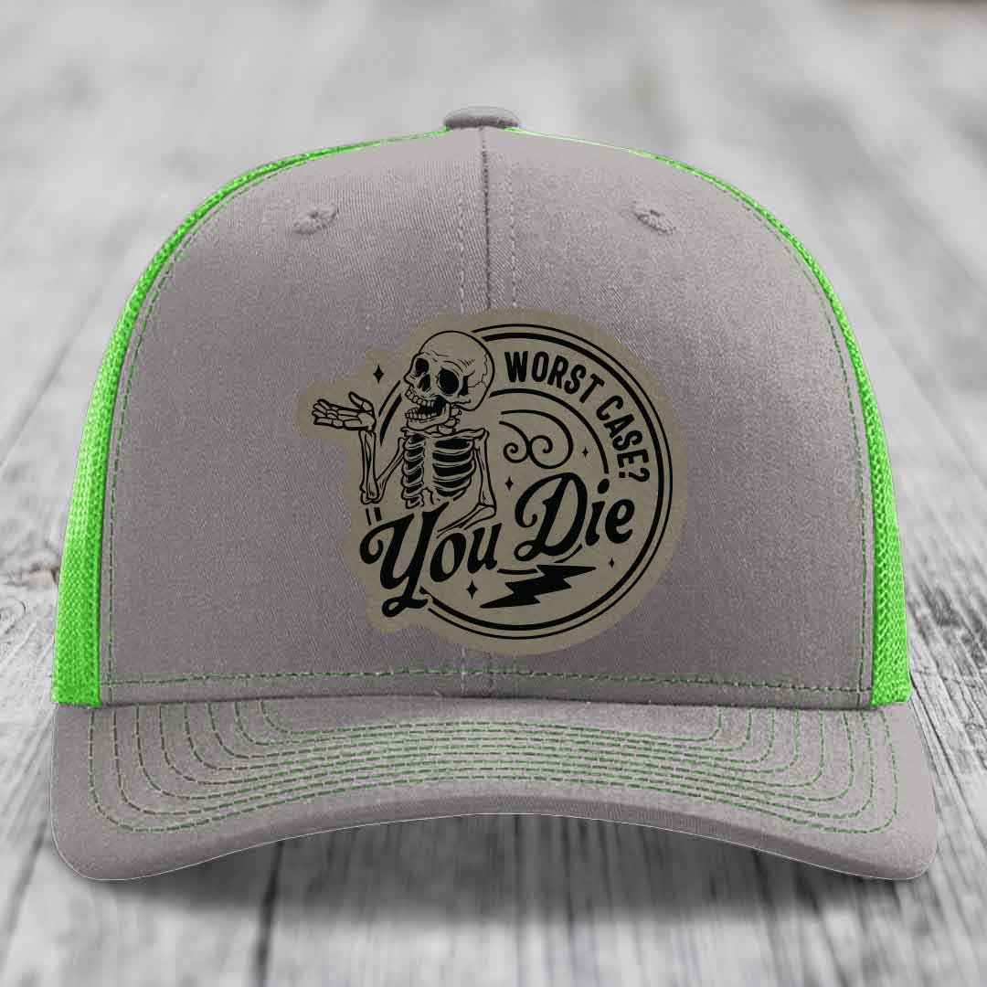 Worst Case, You Die - Leather Patch Hat - Light Brown to Black Patch - Richardson 112 Snapback Trucker Hat