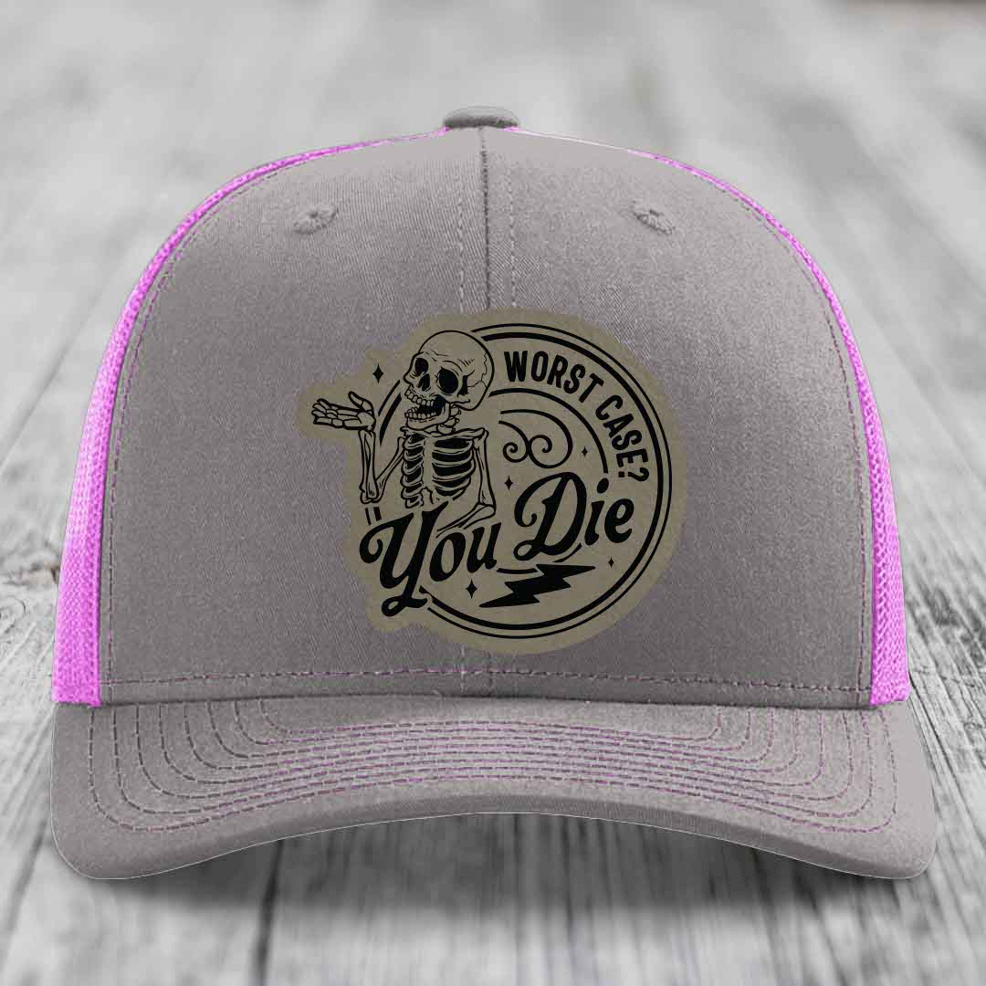Worst Case, You Die - Leather Patch Hat - Light Brown to Black Patch - Richardson 112 Snapback Trucker Hat
