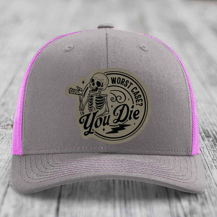 Worst Case, You Die - Leather Patch Hat - Light Brown to Black Patch - Richardson 112 Snapback Trucker Hat