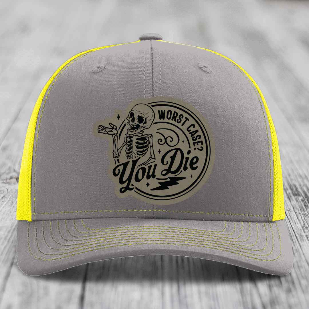 Worst Case, You Die - Leather Patch Hat - Light Brown to Black Patch - Richardson 112 Snapback Trucker Hat