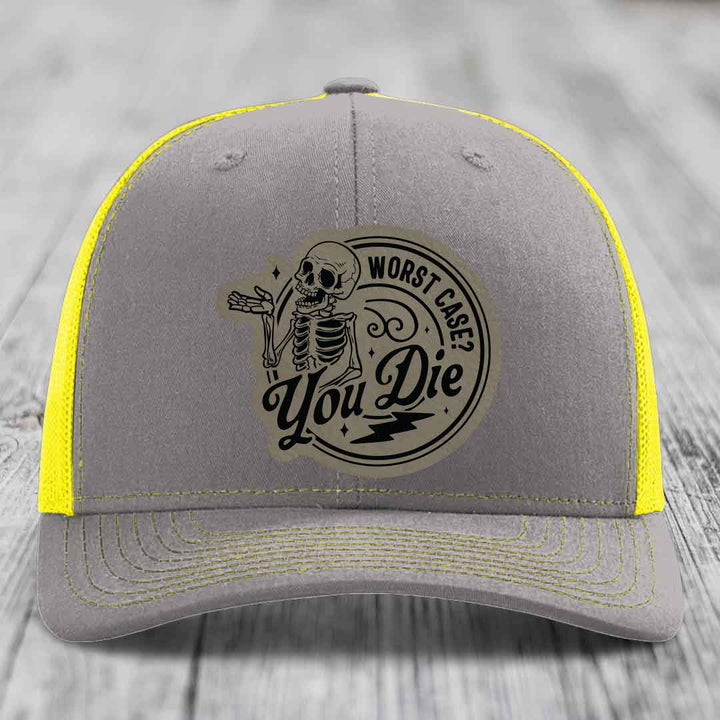 Worst Case, You Die - Leather Patch Hat - Light Brown to Black Patch - Richardson 112 Snapback Trucker Hat