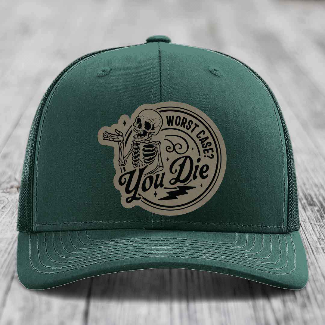 Worst Case, You Die - Leather Patch Hat - Light Brown to Black Patch - Richardson 112 Snapback Trucker Hat
