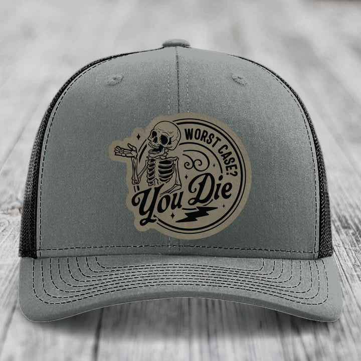 Worst Case, You Die - Leather Patch Hat - Light Brown to Black Patch - Richardson 112 Snapback Trucker Hat
