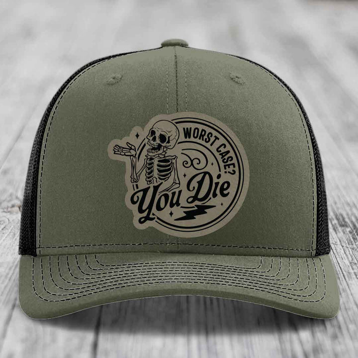 Worst Case, You Die - Leather Patch Hat - Light Brown to Black Patch - Richardson 112 Snapback Trucker Hat