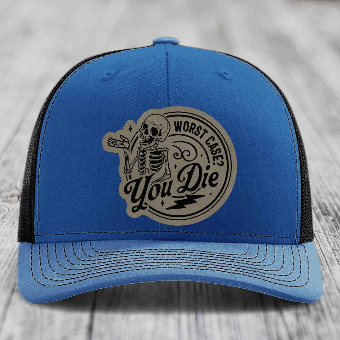 Worst Case, You Die - Leather Patch Hat - Light Brown to Black Patch - Richardson 112 Snapback Trucker Hat