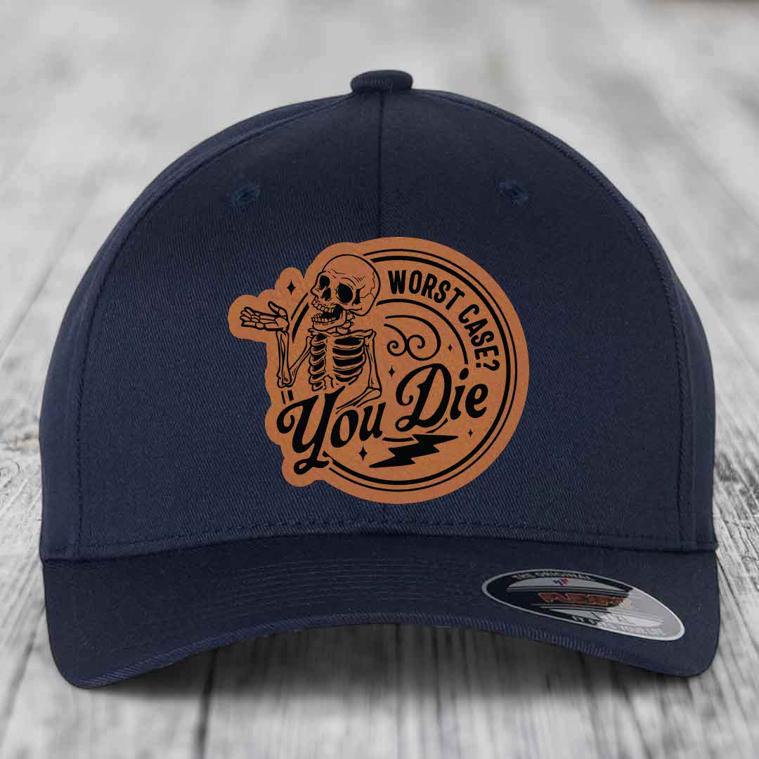 Worst Case, You Die - Leather Patch Hat - Rawhide to Black Patch - Flexfit 6277 Fitted Hat