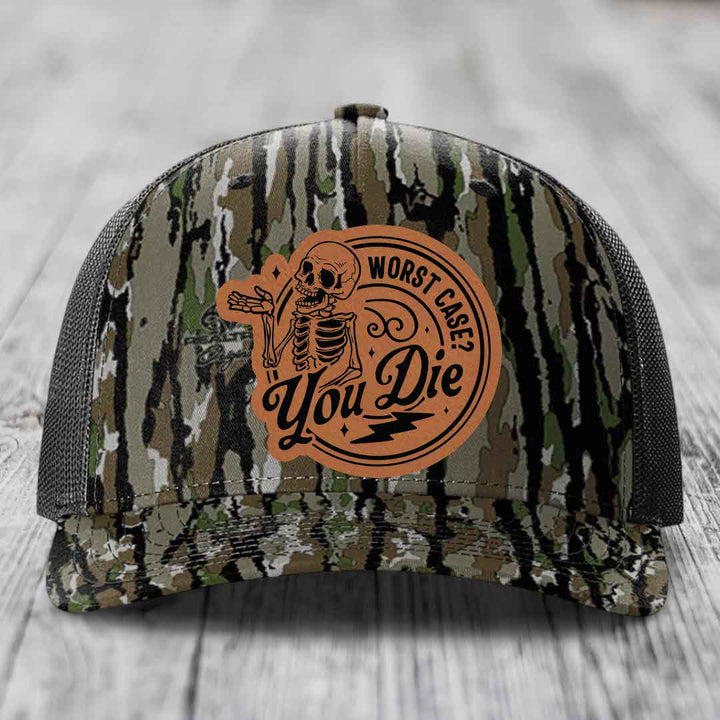 Worst Case, You Die - Leather Patch Hat - Rawhide to Black Patch - Richardson 112PFP Snapback Trucker Hat
