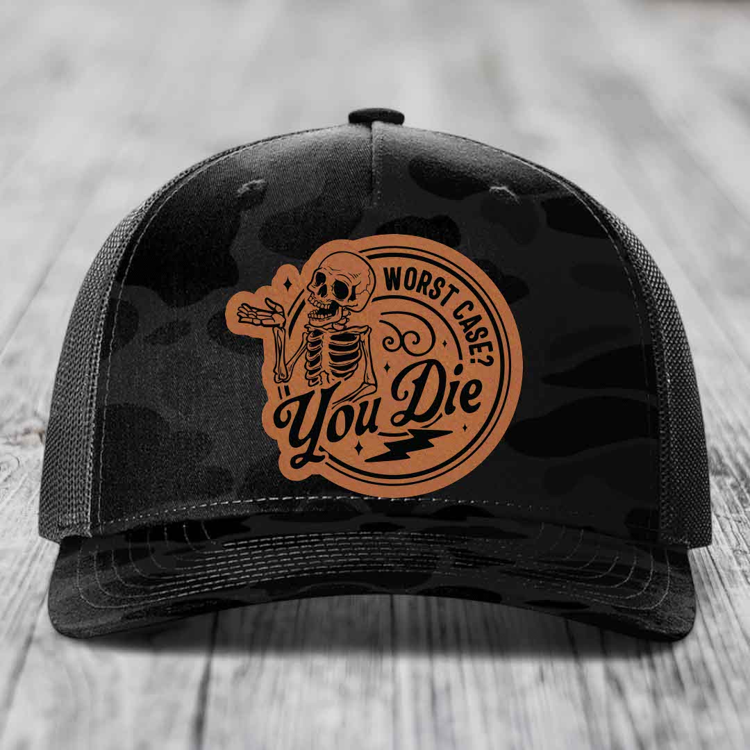 Worst Case, You Die - Leather Patch Hat - Rawhide to Black Patch - Richardson 112PFP Snapback Trucker Hat