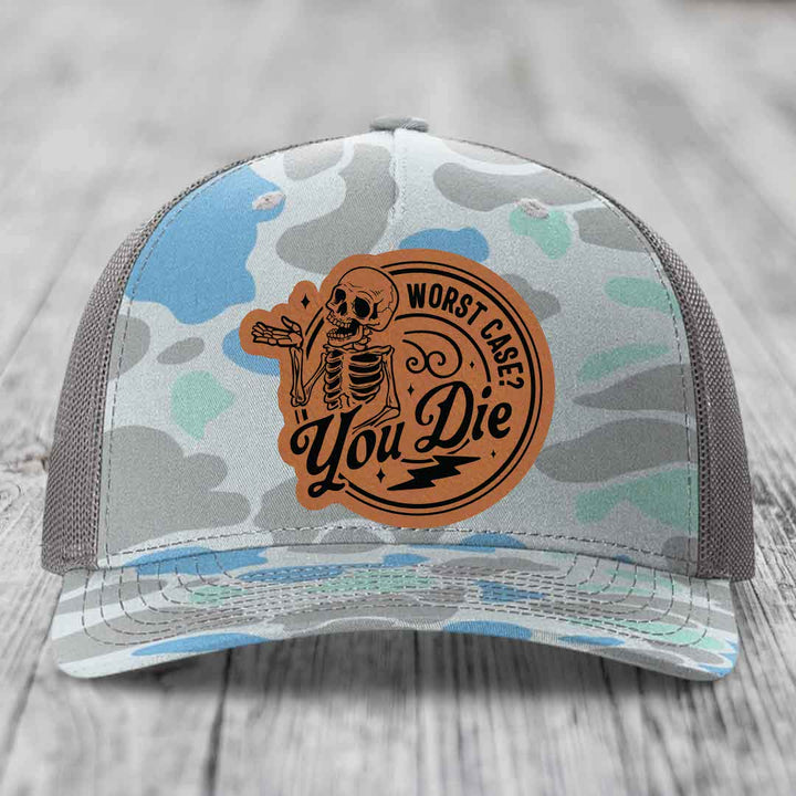 Worst Case, You Die - Leather Patch Hat - Rawhide to Black Patch - Richardson 112PFP Snapback Trucker Hat