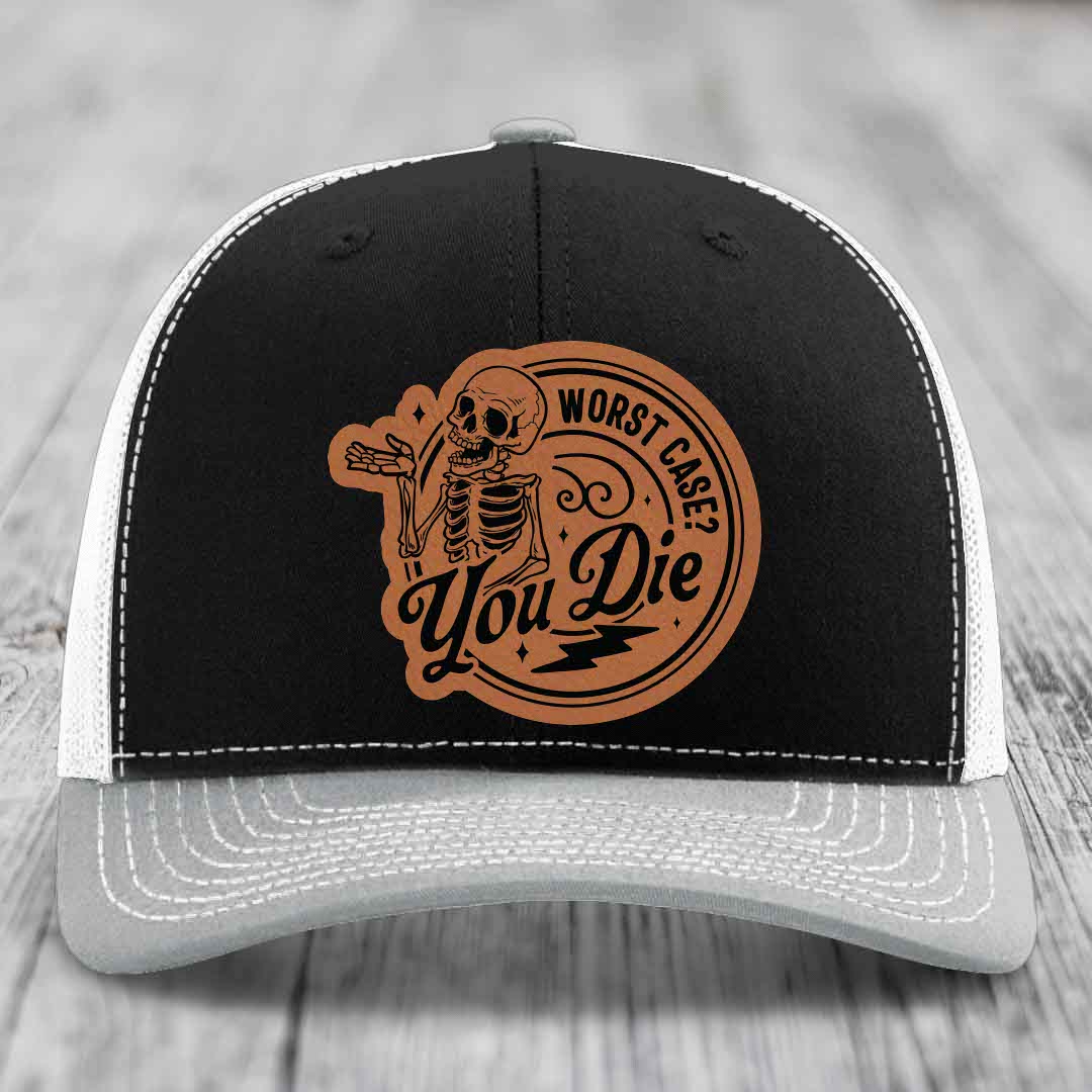 Worst Case, You Die - Leather Patch Hat - Rawhide to Black Patch - Richardson 112 Snapback Trucker Hat