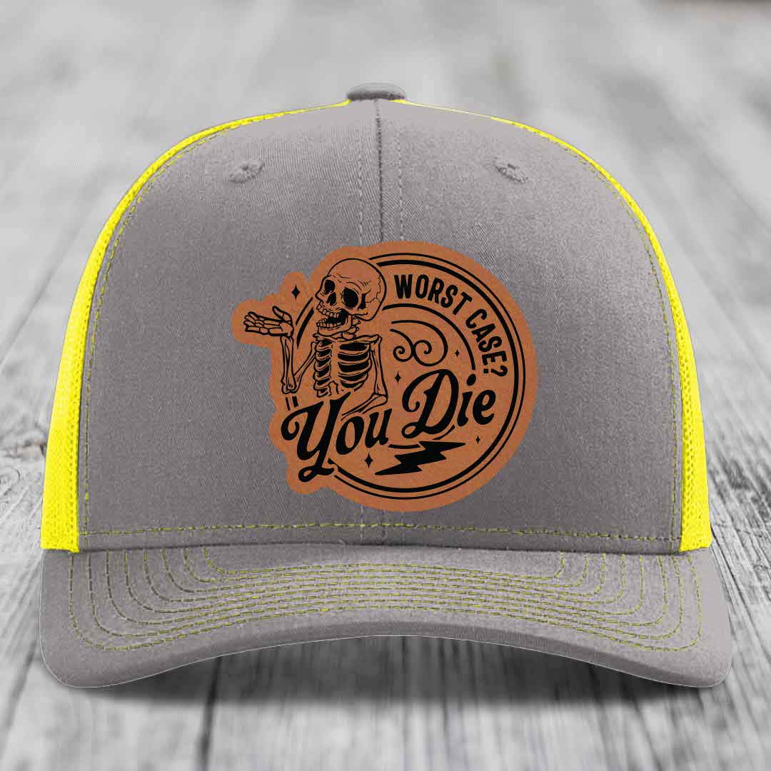 Worst Case, You Die - Leather Patch Hat - Rawhide to Black Patch - Richardson 112 Snapback Trucker Hat