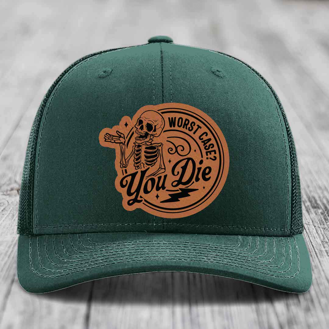 Worst Case, You Die - Leather Patch Hat - Rawhide to Black Patch - Richardson 112 Snapback Trucker Hat