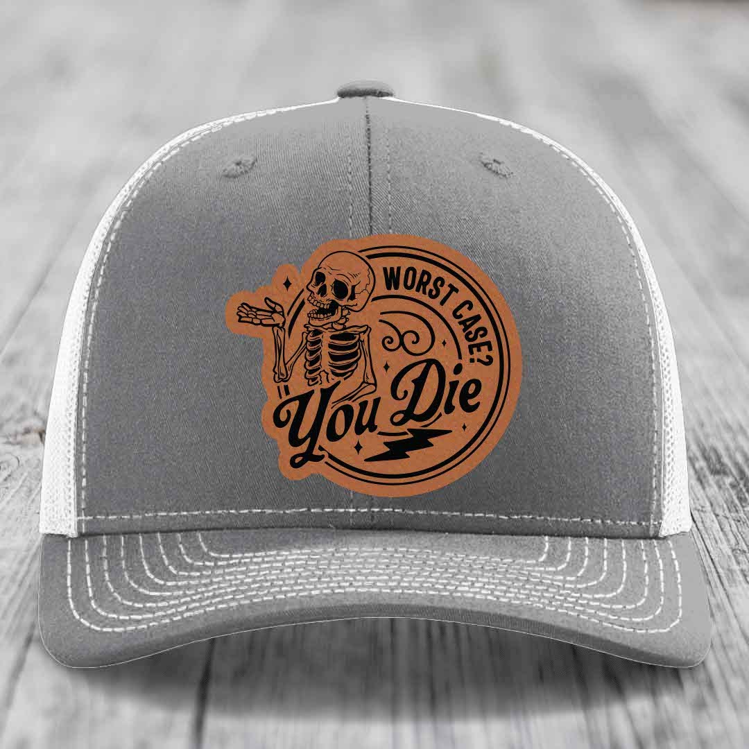 Worst Case, You Die - Leather Patch Hat - Rawhide to Black Patch - Richardson 112 Snapback Trucker Hat
