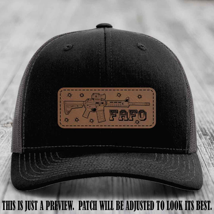 Dark Brown to Black FAFO Leather Patch Hat on Black to Charcoal Hat