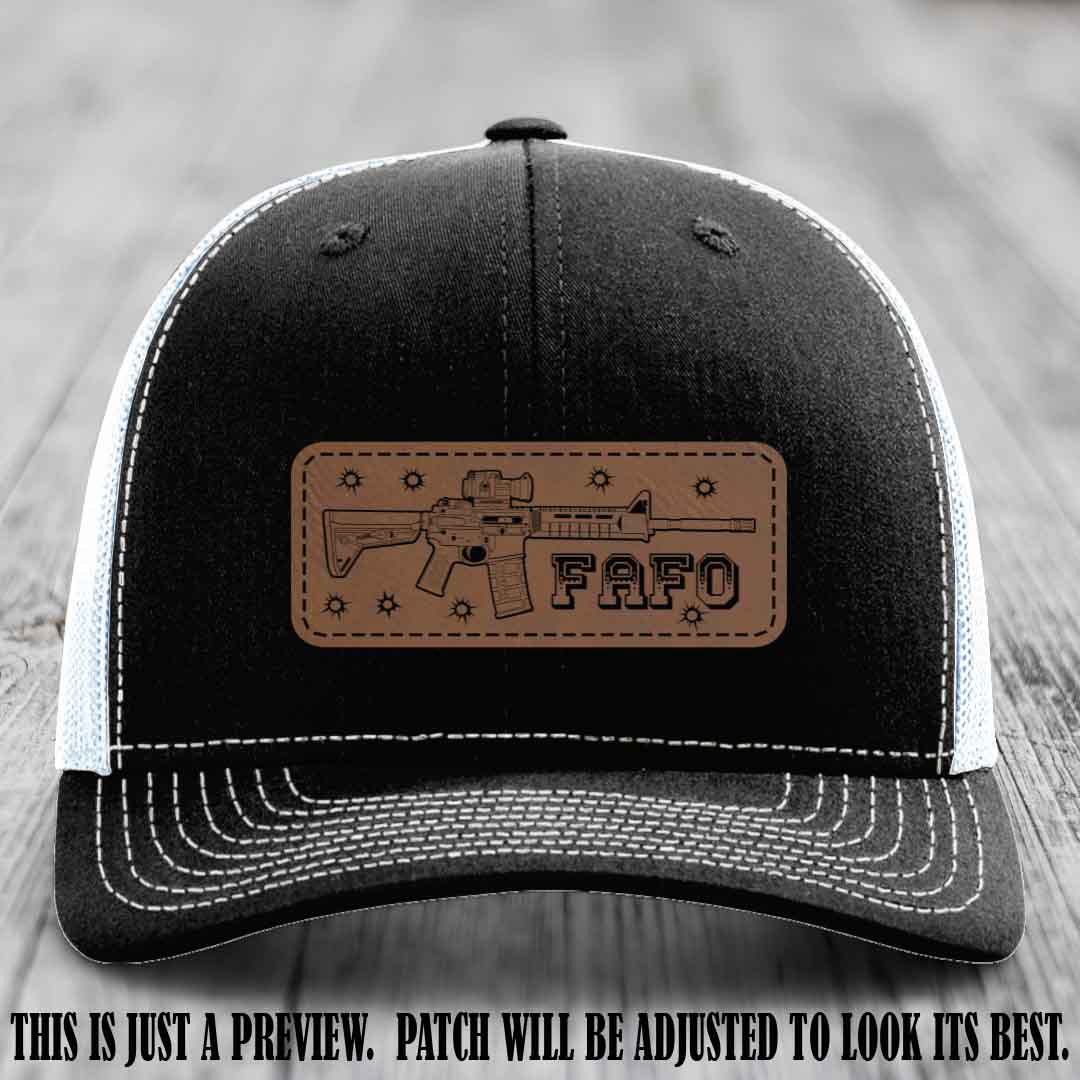 Dark Brown to Black FAFO Leather Patch Hat on Black to White Hat