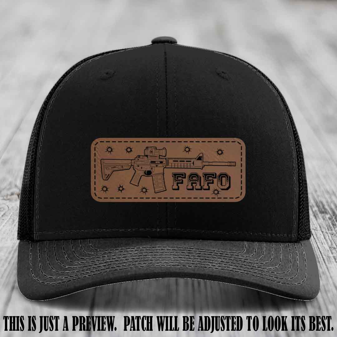 Dark Brown to Black FAFO Leather Patch Hat on Black Hat