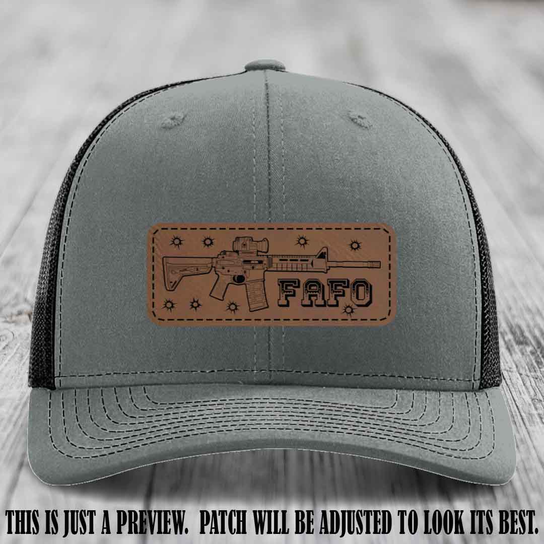 Dark Brown to Black FAFO Leather Patch Hat on Heather Grey to Black Hat