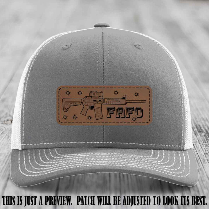 Dark Brown to Black FAFO Leather Patch Hat on Heather Grey to White Hat