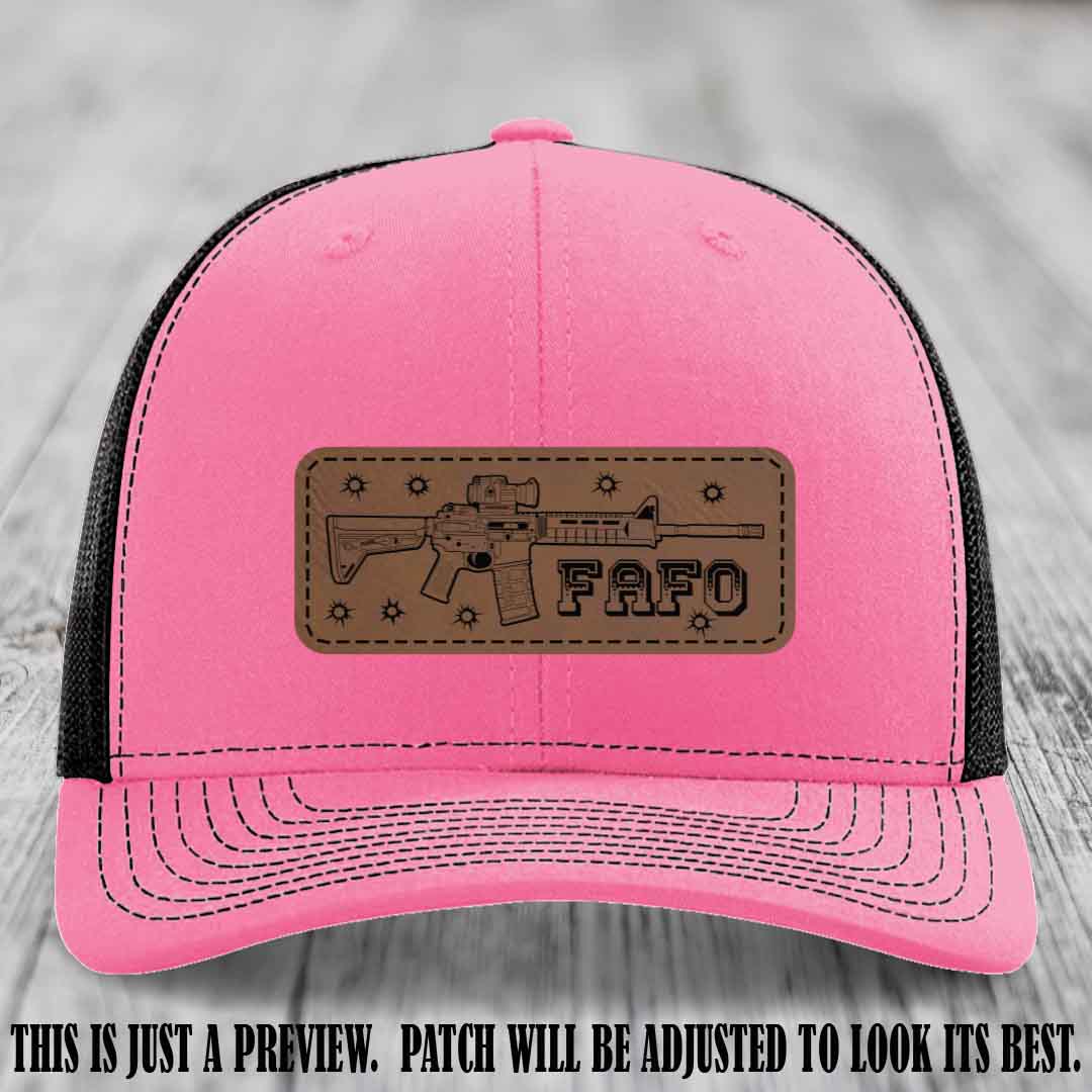Dark Brown to Black FAFO Leather Patch Hat on Hot Pink to Black Hat