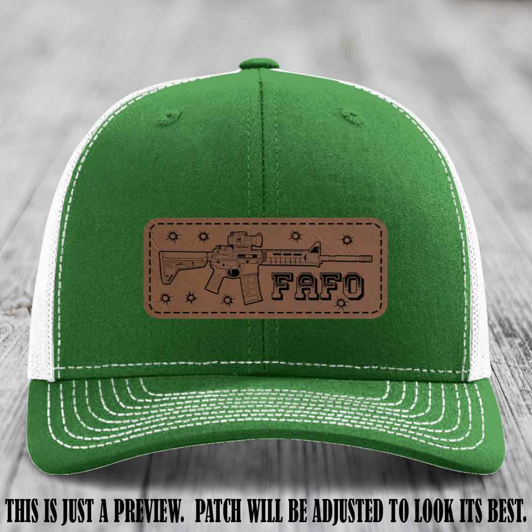 Dark Brown to Black FAFO Leather Patch Hat on Kelly to White Hat