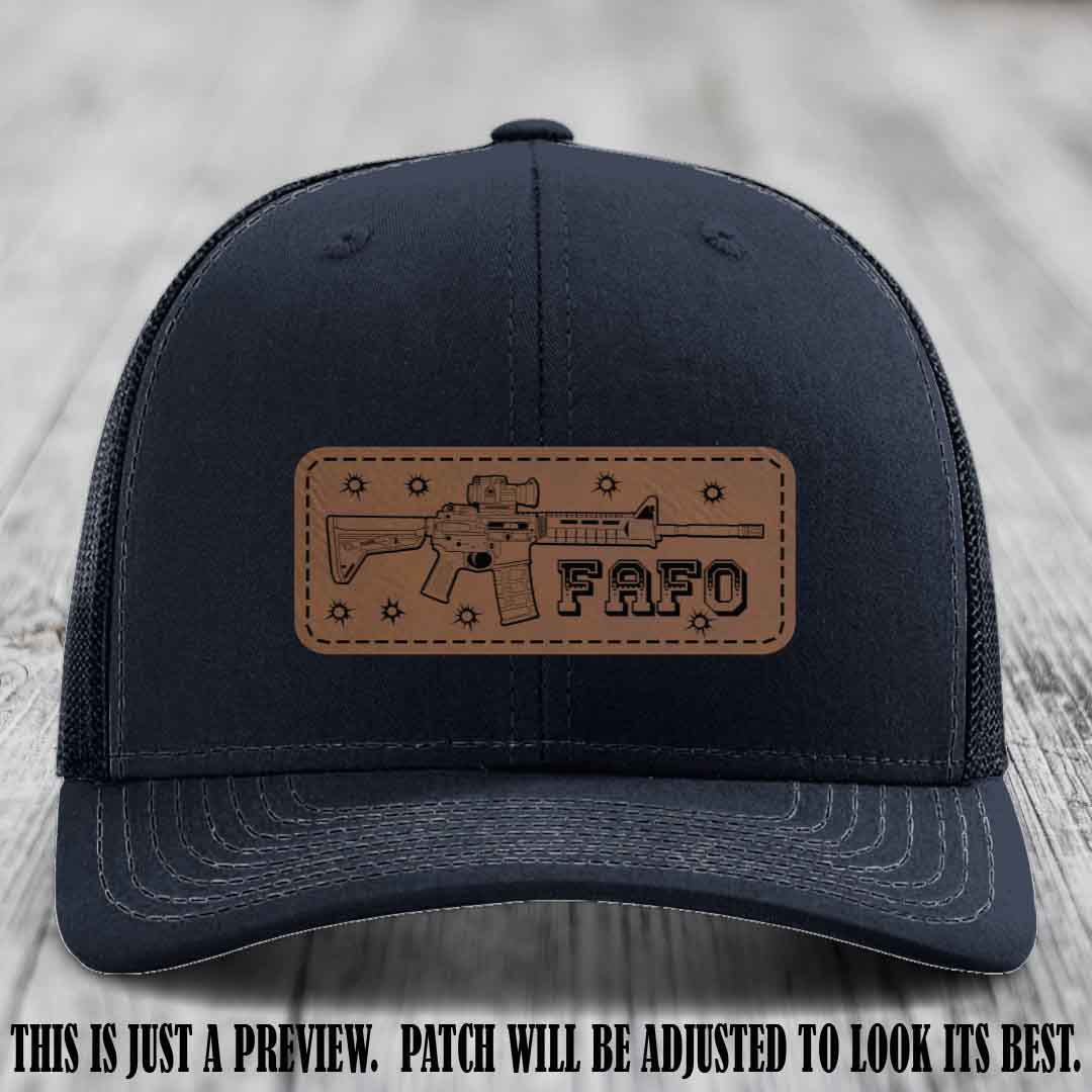 Dark Brown to Black FAFO Leather Patch Hat on Navy Hat