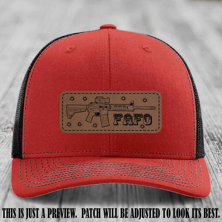 Dark Brown to Black FAFO Leather Patch Hat on Red to Black Hat