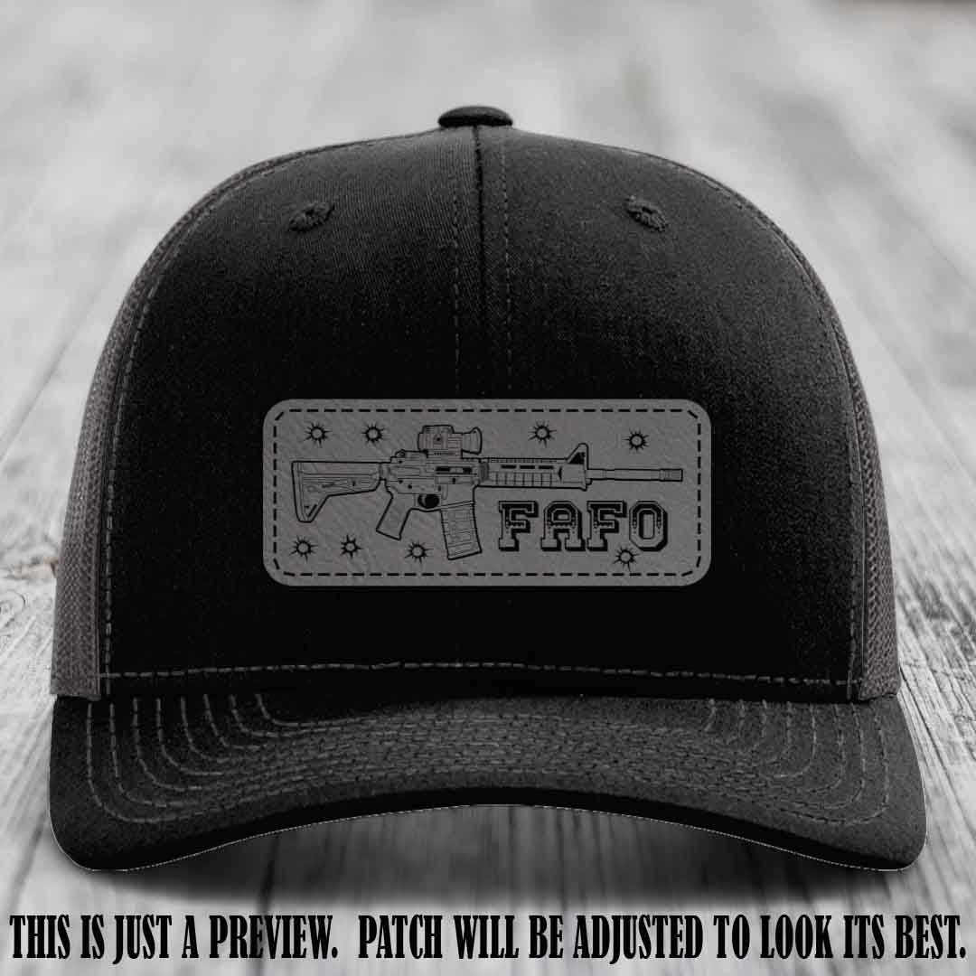 Grey to Black FAFO Leather Patch Hat on Black to Charcoal Hat