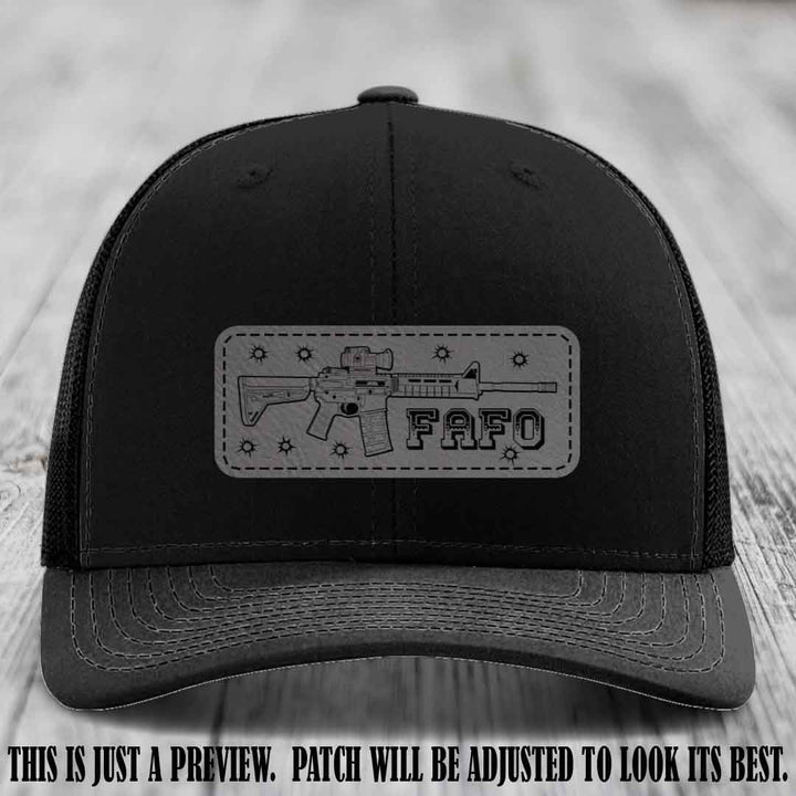 Grey to Black FAFO Leather Patch Hat on Black Hat