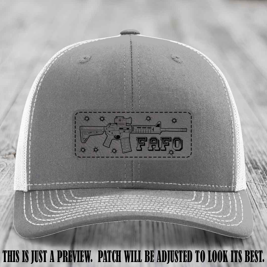 Grey to Black FAFO Leather Patch Hat on Heather Grey to White Hat