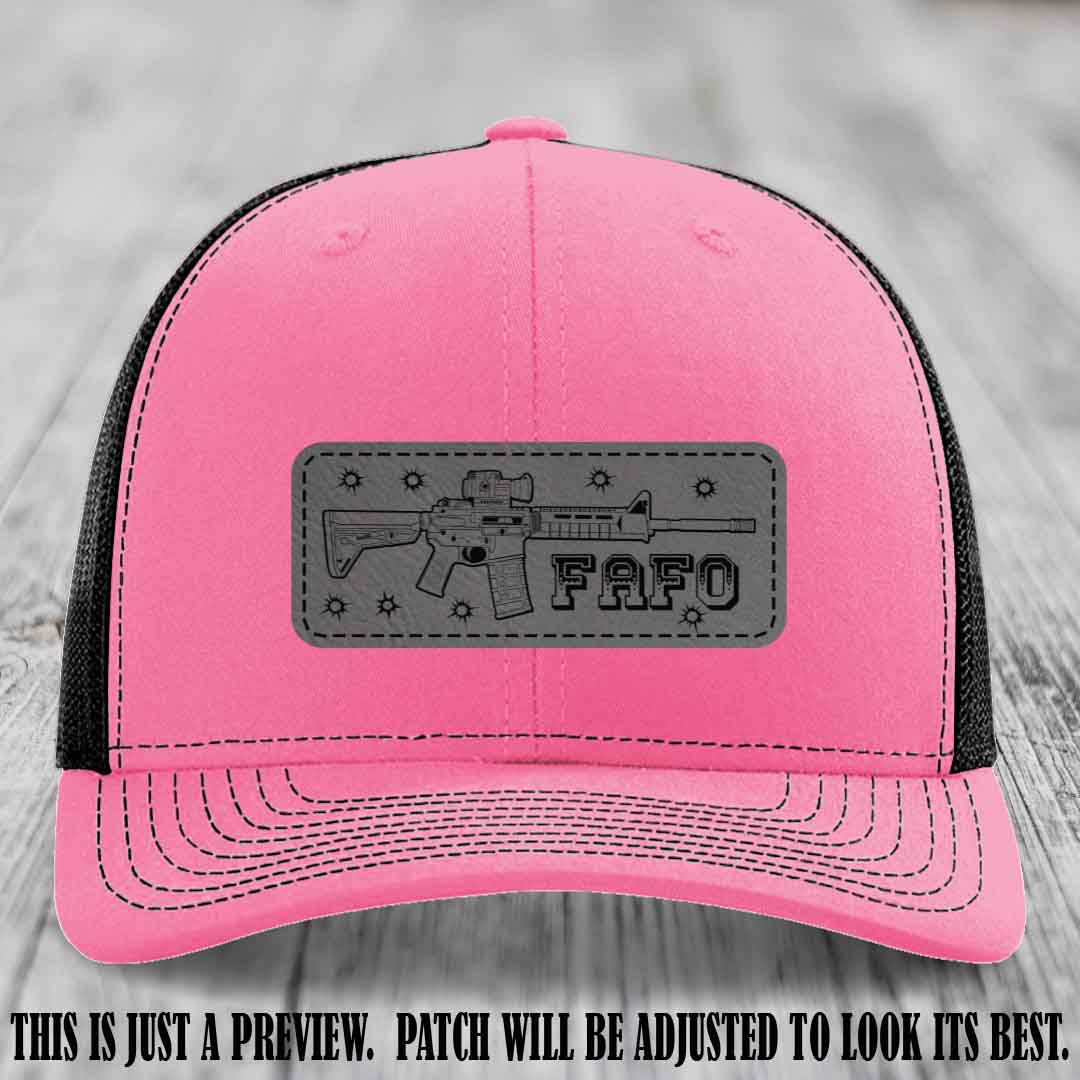 Grey to Black FAFO Leather Patch Hat on Hot Pink to Black Hat