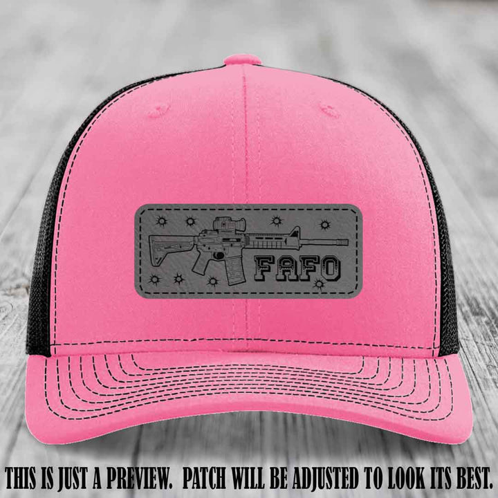Grey to Black FAFO Leather Patch Hat on Hot Pink to Black Hat