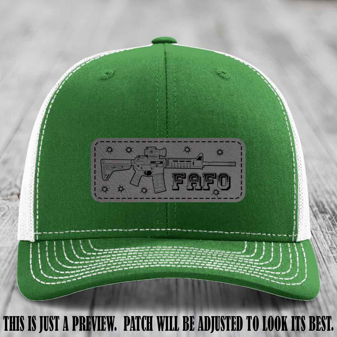 Grey to Black FAFO Leather Patch Hat on Kelly to White Hat