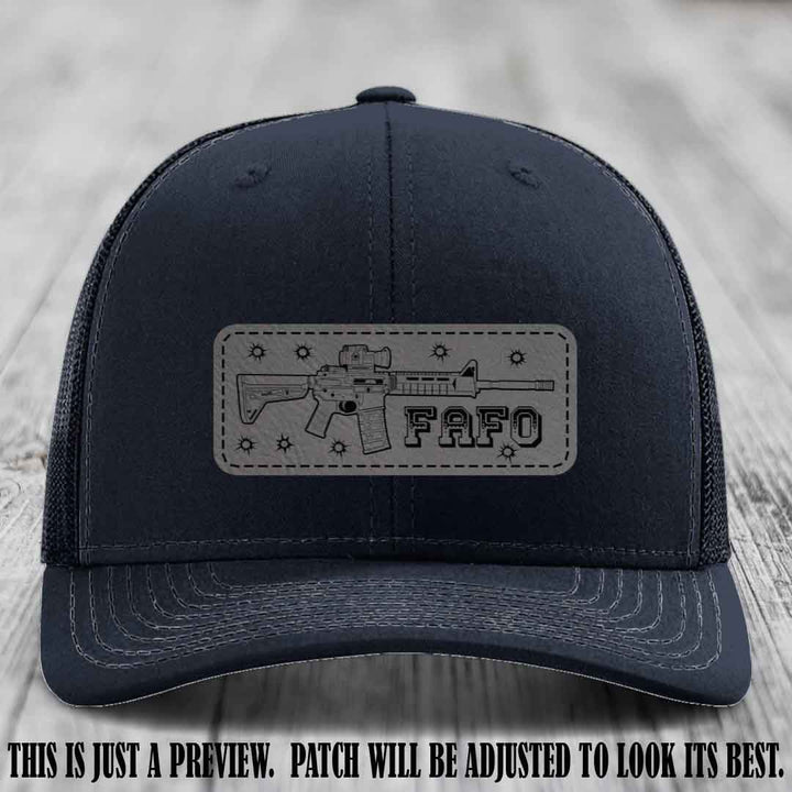 Grey to Black FAFO Leather Patch Hat on Navy Hat