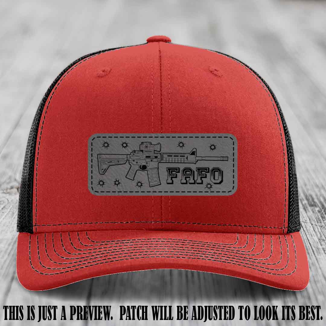 Grey to Black FAFO Leather Patch Hat on Red to Black Hat