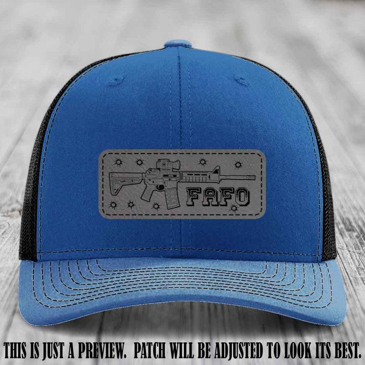 Grey to Black FAFO Leather Patch Hat on Royal to Black Hat