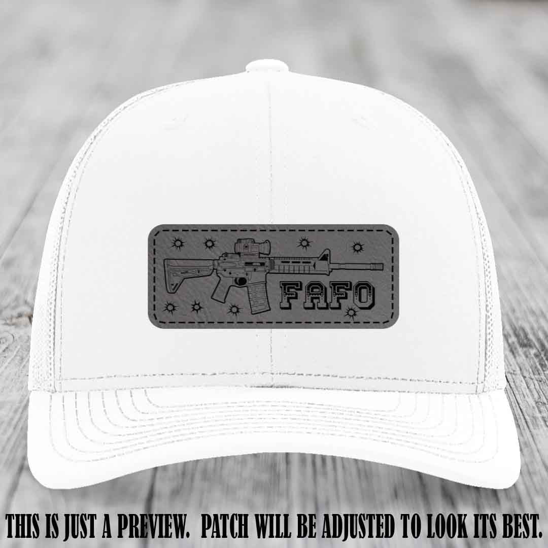 Grey to Black FAFO Leather Patch Hat on White Hat
