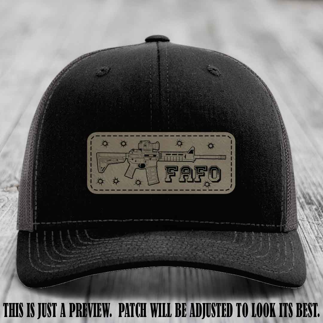 Light Brown to Black FAFO Leather Patch Hat on Black to Charcoal Hat