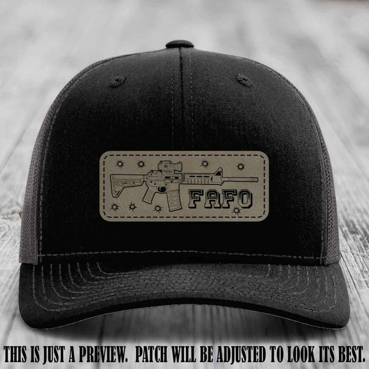 Light Brown to Black FAFO Leather Patch Hat on Black to Charcoal Hat