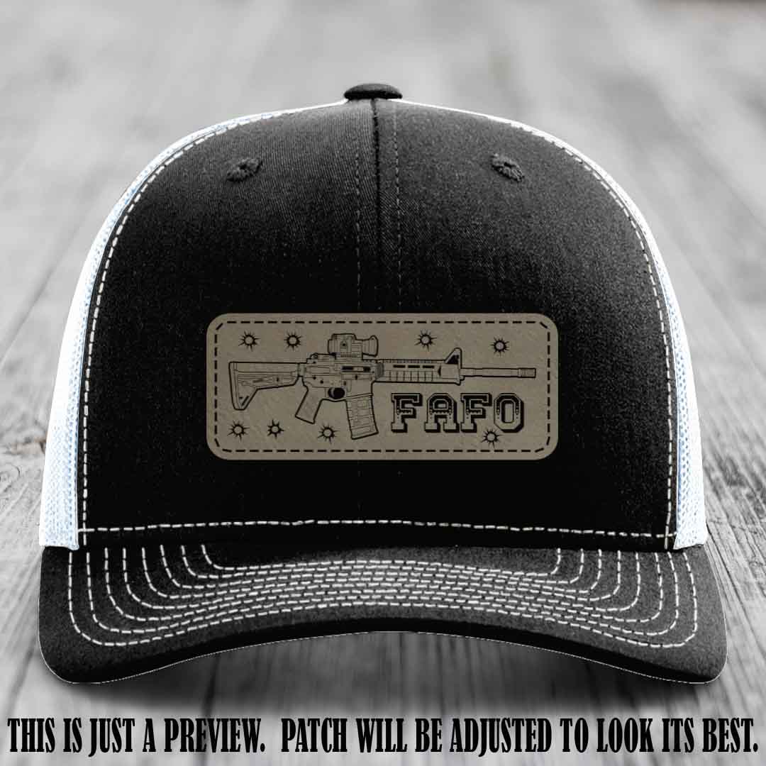 Light Brown to Black FAFO Leather Patch Hat on Black to White Hat