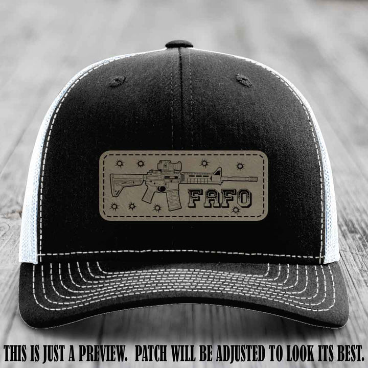 Light Brown to Black FAFO Leather Patch Hat on Black to White Hat