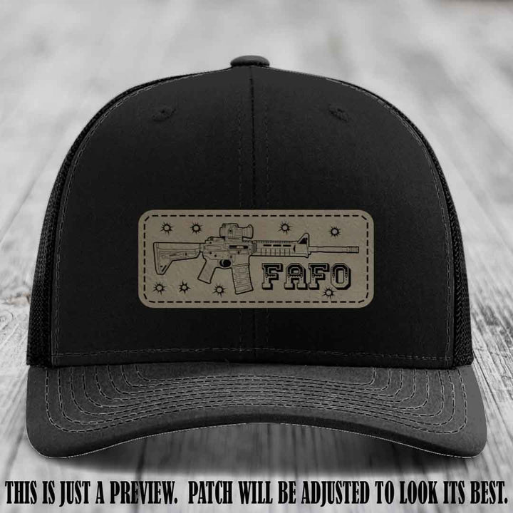 Light Brown to Black FAFO Leather Patch Hat on Black Hat
